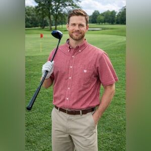 Chaps Red Gingham Check Button Down Shirt Men XL Easy Care Short Sleeve Casual